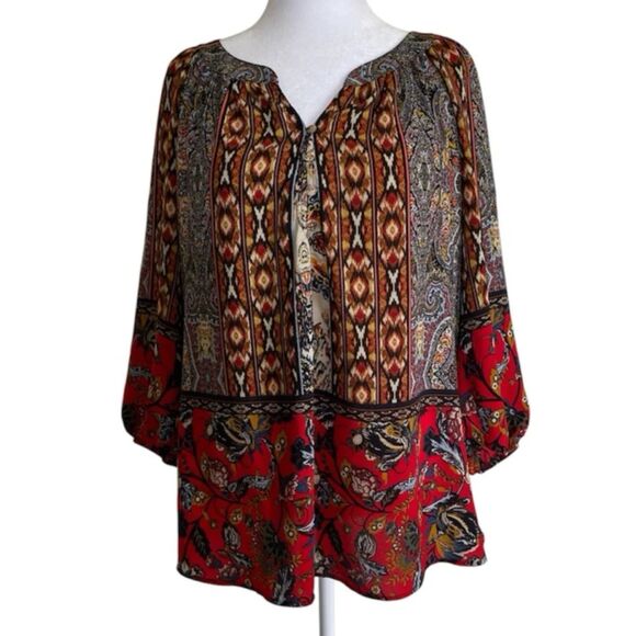 Fig and Flower Tops - Anthropologie Fig and Flower Women's 1X Aztec Floral Print Button Top 3/4 Sleeve